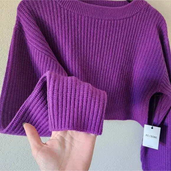 NEW Re/Done Boatneck Cropped Wool Sweater in Purple